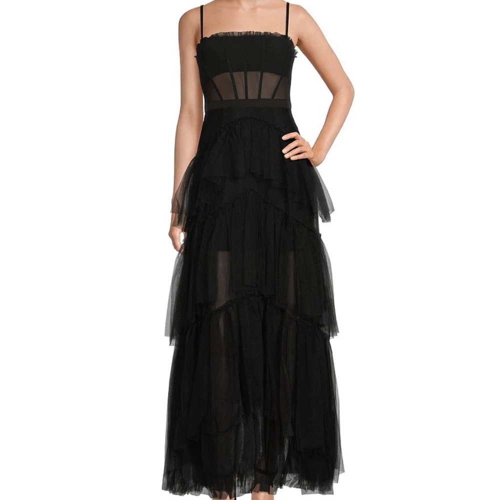 Illusion Tiered Ruffled Tulle Square Neck Mesh Sleeveless Gown